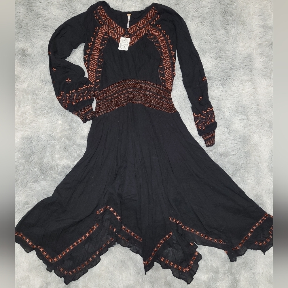 Free People Black Embroidered Boho Midi Handkerchief Hem Peasant Dress, XS